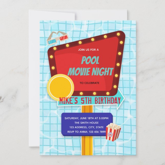 Pool drive in movie night party invitation (Front)