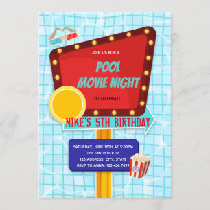 Pool drive in movie night party invitation