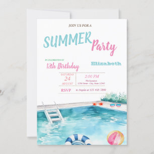 Pool Float Glasses Flowers Summer Birthday Party  Invitation