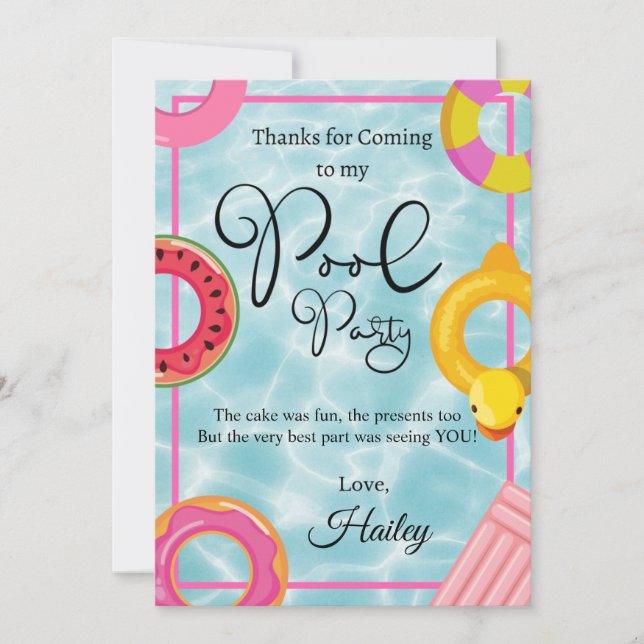 Pool Floatie Birthday Party Thank You Card (Front)