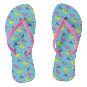 Pool Floats Patterned Bright Blue and Pink Summer Thongs