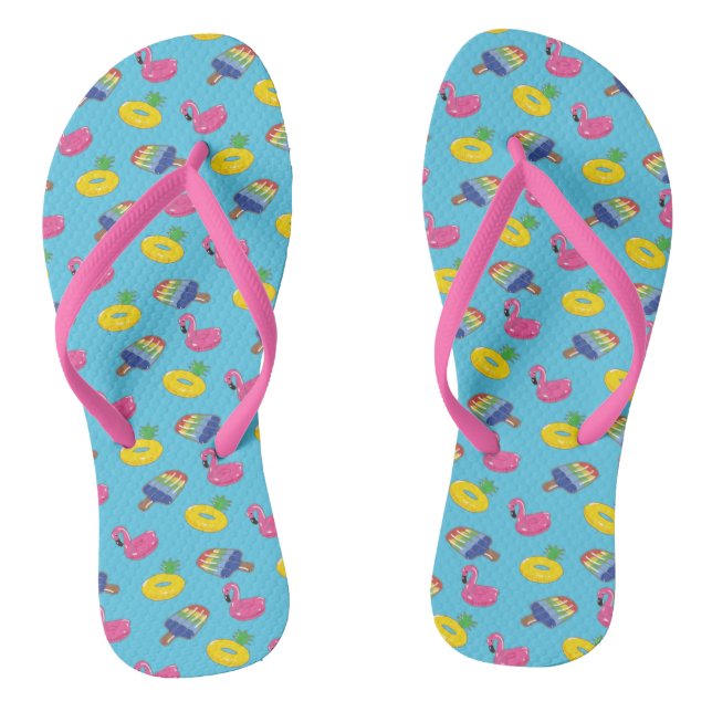 Pool Floats Patterned Bright Blue and Pink Summer Thongs (Footbed)