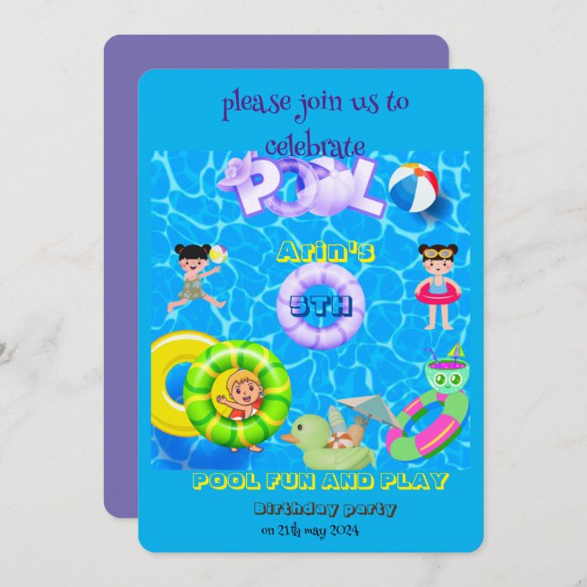 pool fun and play birthday party invitation (Front/Back)