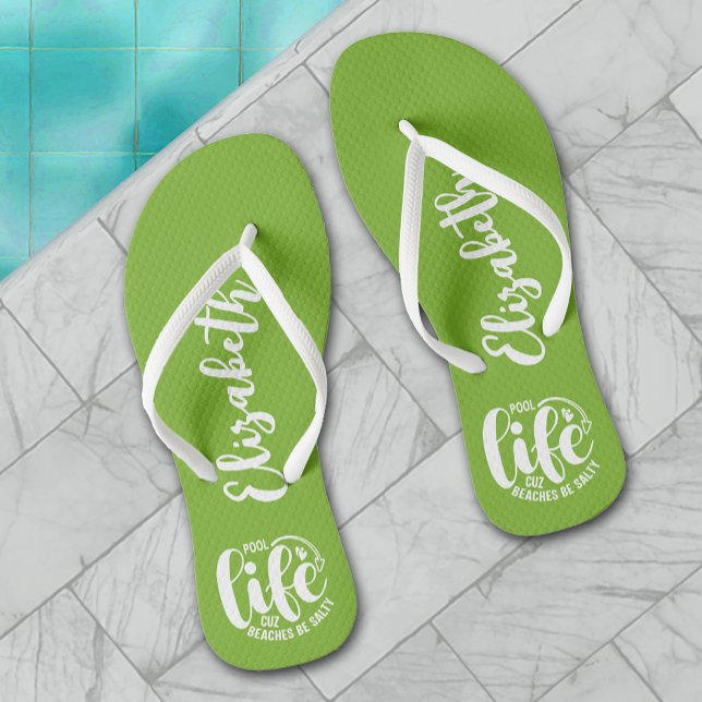 Pool Life Lime Green Thongs (Personalized "Pool life cuz beaches be salty" graphic on lime flip flops, women, men and kids)
