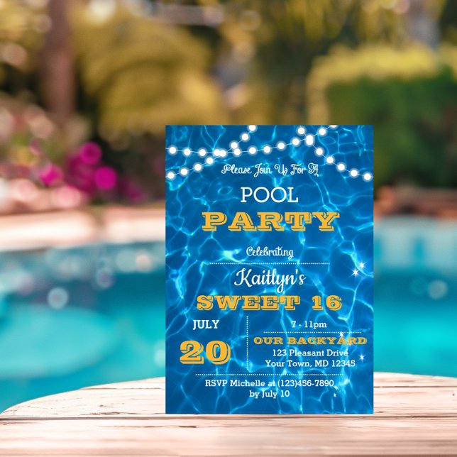 Pool Lights Citrus Orange Sweet 16 Birthday Invitation (Creator Uploaded)