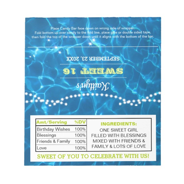 Pool Lights Lime Birthday Favour Candy Wrappers Notepad (Front)