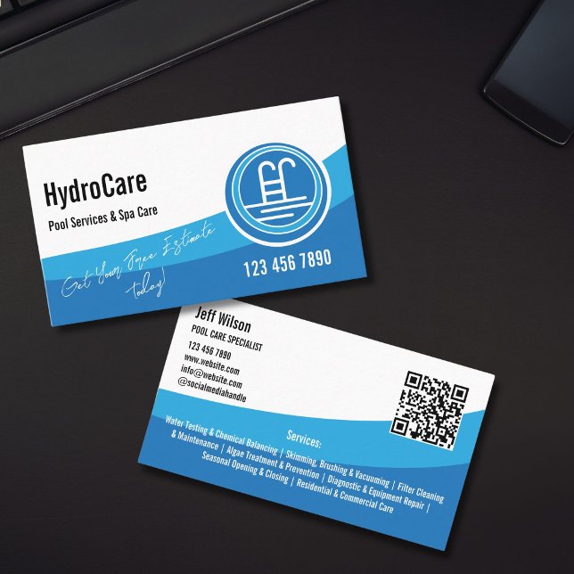 Pool Maintenance and Cleaning Services Business Card (Pool Maintenance and Cleaning Services Business Card, blue on white background with a logo design an)
