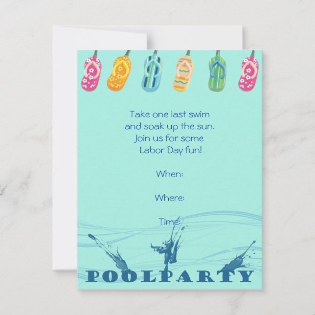 Pool Party and Flip Flops on Blue Background Invitation (Front)