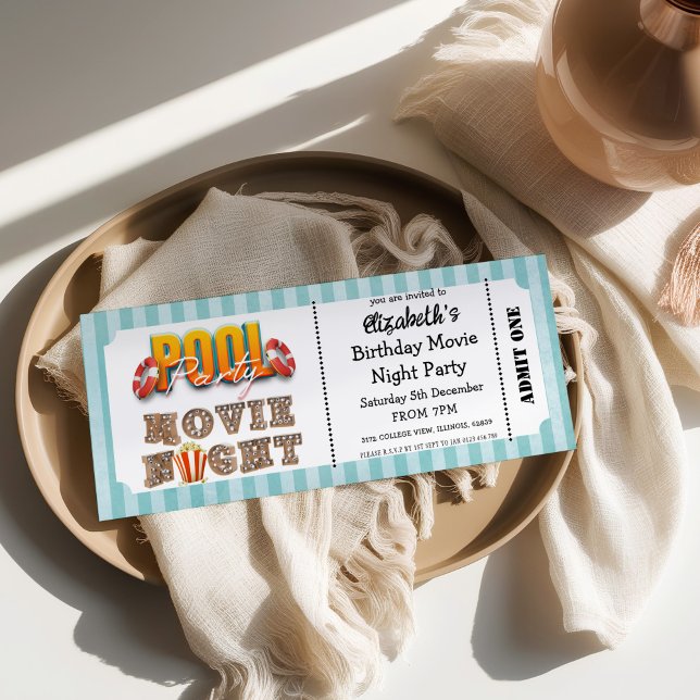 Pool Party and Movie Night Ticket Style  Invitation (Creator Uploaded)