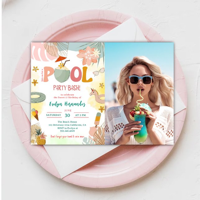 Pool Party Bash Birthday Party Photo  Invitation (Creator Uploaded)