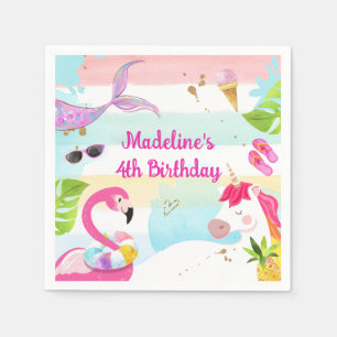 Pool Party Bash Unicorn Mermaid Flamingo Birthday Napkin