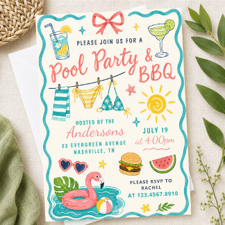 Pool Party BBQ Summer Backyard Tropical Family BBQ Invitation