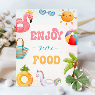 Pool Party, Beach Birthday Party Enjoy Some Food Pedestal Sign