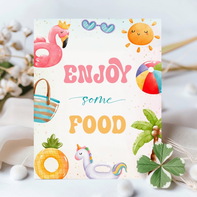 Pool Party, Beach Birthday Party Enjoy Some Food Pedestal Sign (Creator Uploaded)