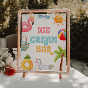 Pool Party, Beach Birthday Party Ice Cream Bar Pedestal Sign