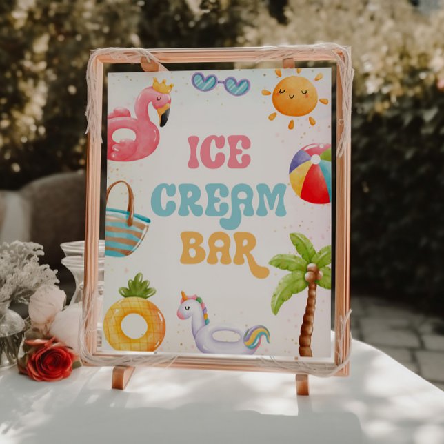 Pool Party, Beach Birthday Party Ice Cream Bar Pedestal Sign (Creator Uploaded)