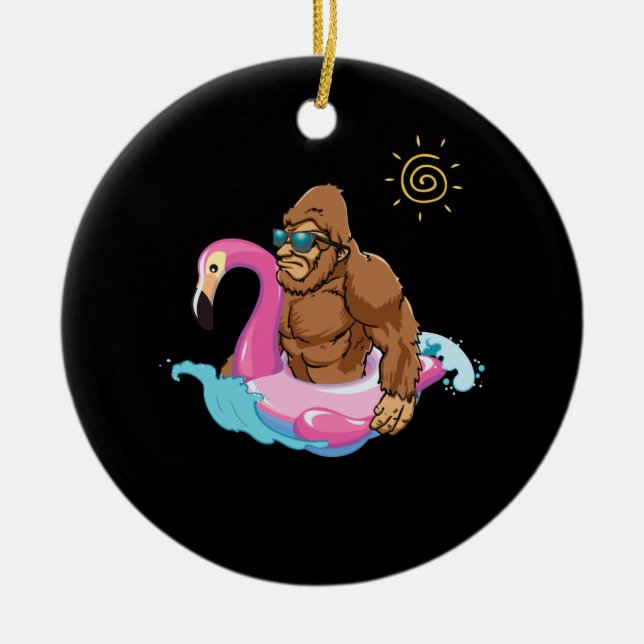 Pool Party Bigfoot Flamingo Sasquatch Pink Float Ceramic Ornament (Front)