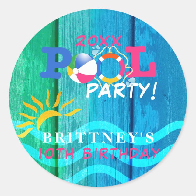 Pool Party Birthday Celebration Classic Round Sticker (Front)