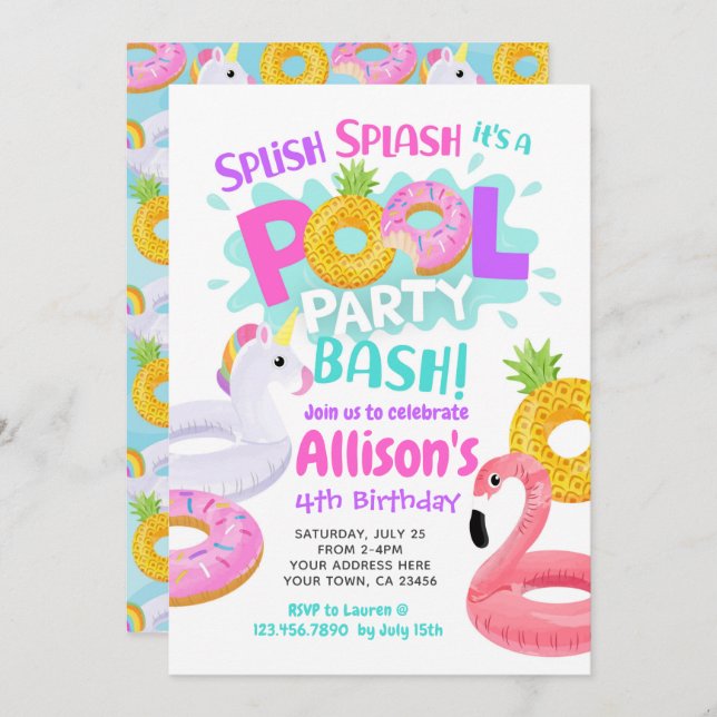 Pool Party Birthday Invitation (Front/Back)