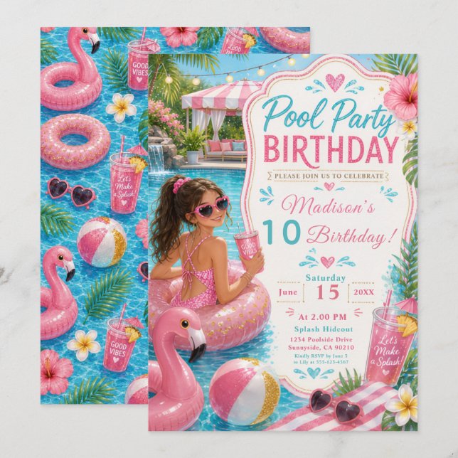 Pool Party Birthday Invitation (Front/Back)