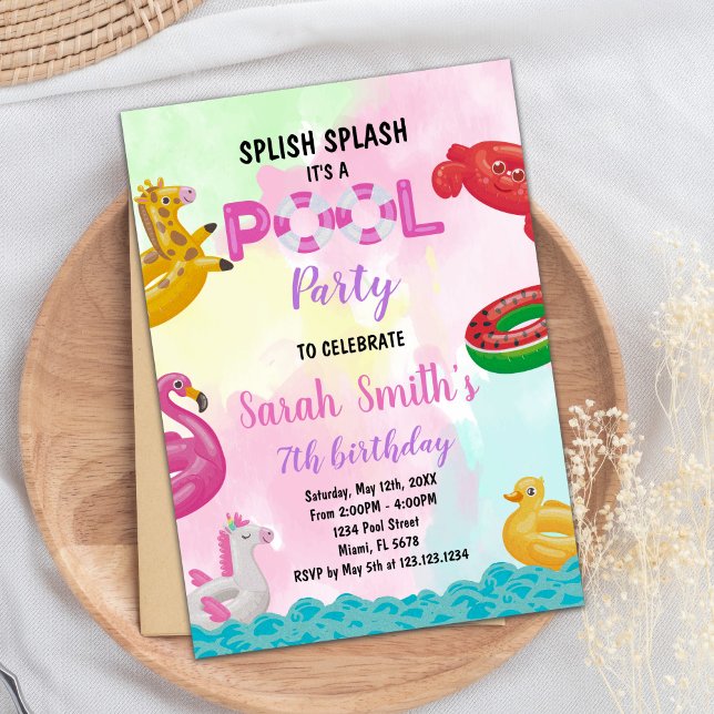 Pool Party Birthday Invitation (Pink Pool Birthday Invitations)