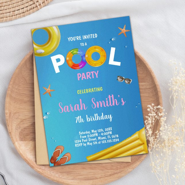 Pool Party Birthday Invitation (Yellow Blue Pool Birthday Invitations)