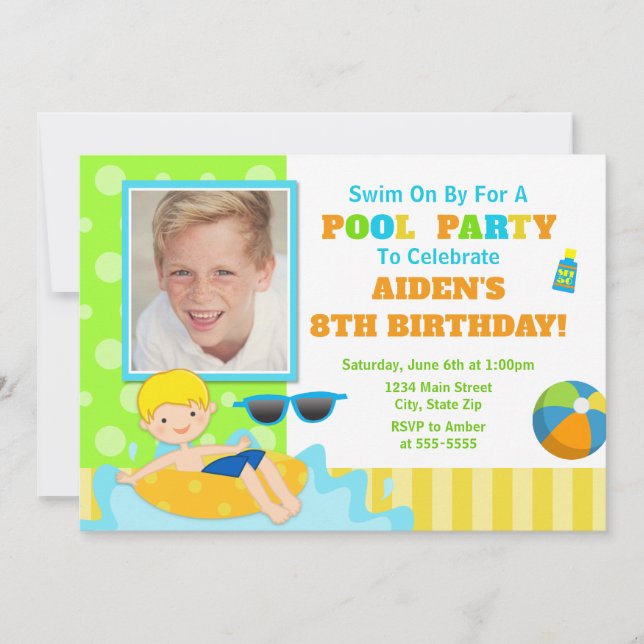 Pool Party Birthday Invitation Blonde Boy (Front)