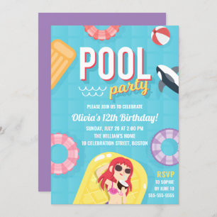 Pool Party Birthday Invitation   Blue Purple
