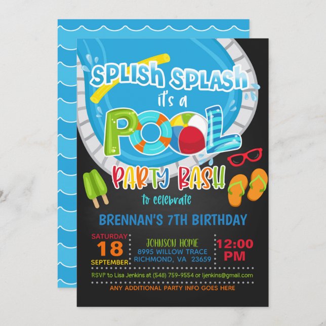 Pool Party Birthday Invitation - Boy BL (Front/Back)