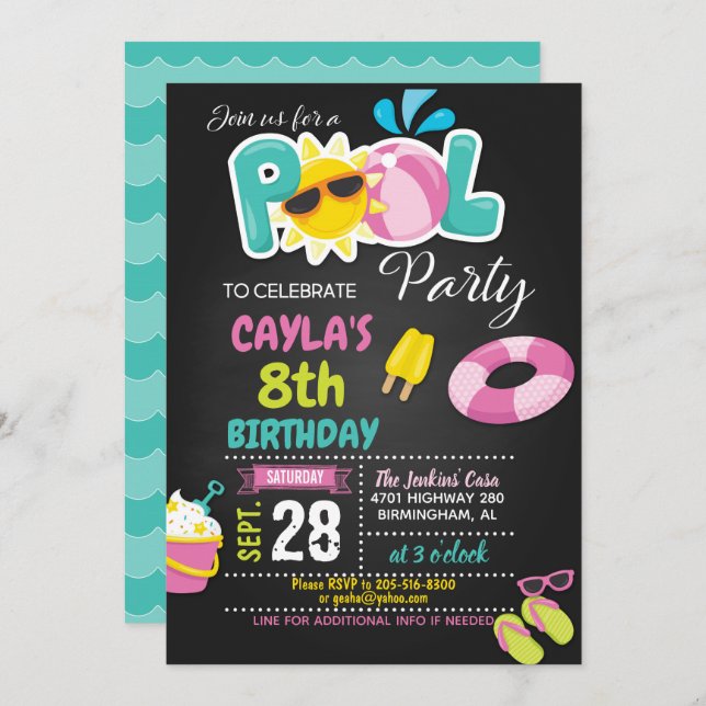 Pool Party Birthday Invitation - Girl (Front/Back)