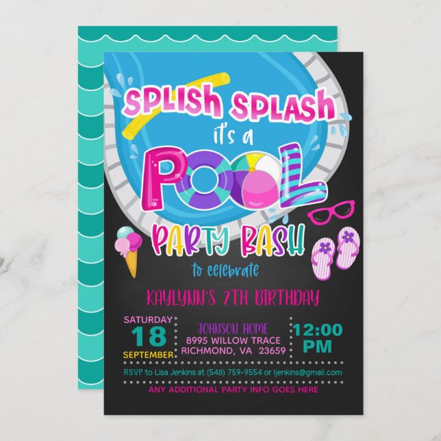 Pool Party Birthday Invitation - Girl BL (Front/Back)