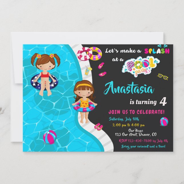 Pool party birthday invitation Girl pool invite (Front)