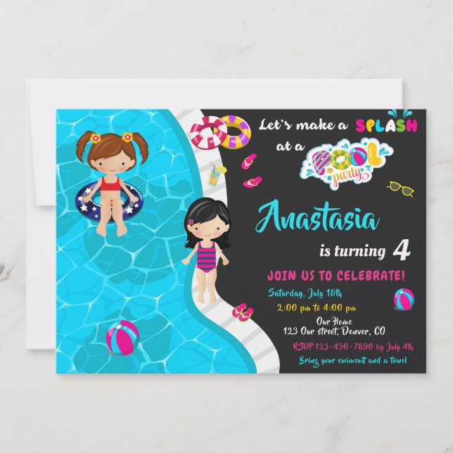 Pool party birthday invitation Girl pool invite (Front)