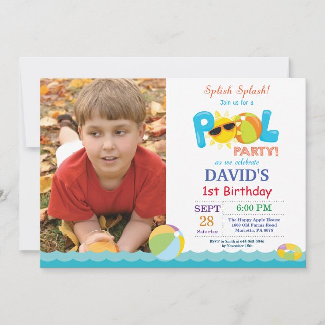 Pool Party Birthday Invitation Splish Splash Boy (Front)