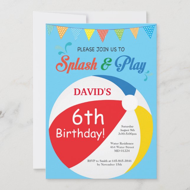 Pool Party Birthday Invitation Splish Splash Boy (Front)