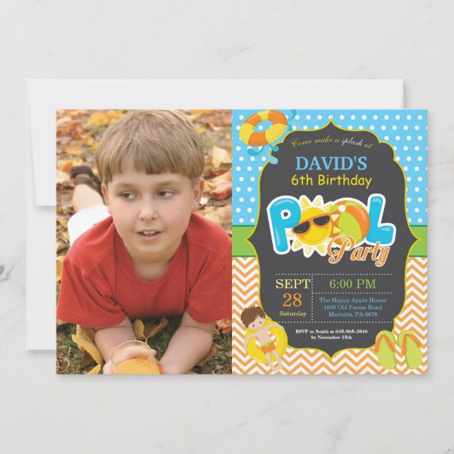 Pool Party Birthday Invitation Splish Splash Boy (Front)