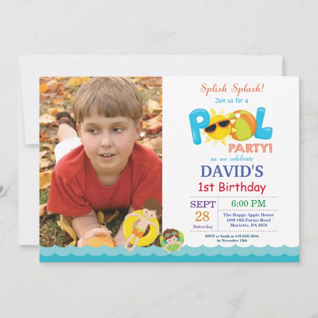 Pool Party Birthday Invitation Splish Splash Boy (Front)