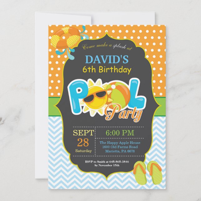 Pool Party Birthday Invitation Splish Splash Boy (Front)