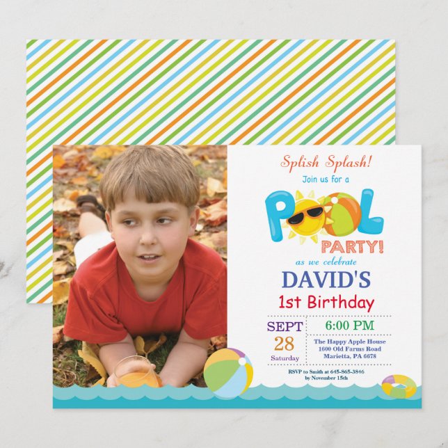 Pool Party Birthday Invitation Splish Splash Boy (Front/Back)