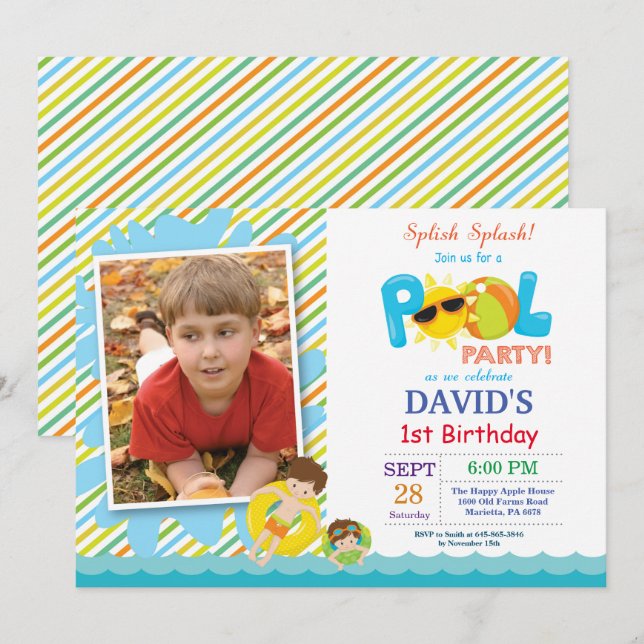Pool Party Birthday Invitation Splish Splash Boy (Front/Back)