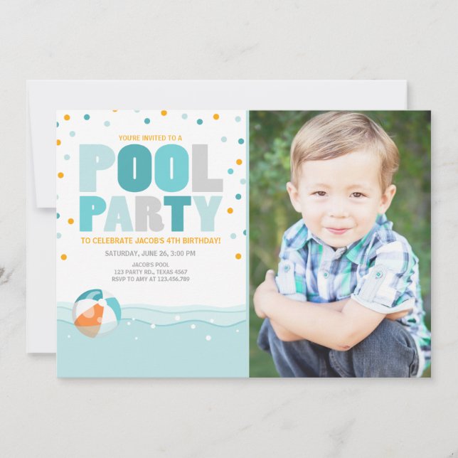 Pool party  birthday invitation Splish Splash Boy (Front)