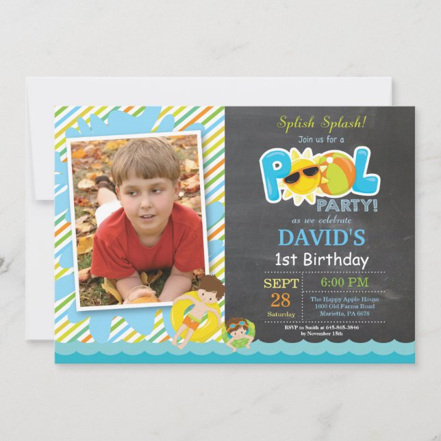 Pool Party Birthday Invitation Splish Splash Boy (Front)