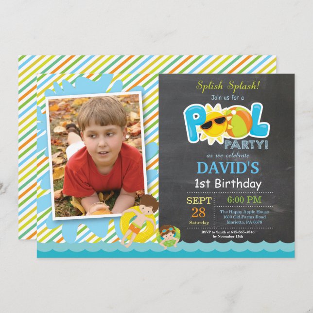 Pool Party Birthday Invitation Splish Splash Boy (Front/Back)