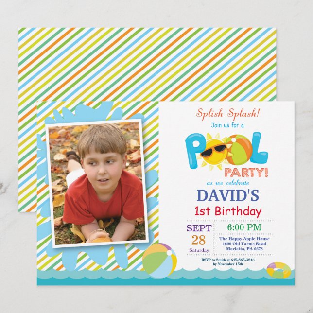 Pool Party Birthday Invitation Splish Splash Boy (Front/Back)