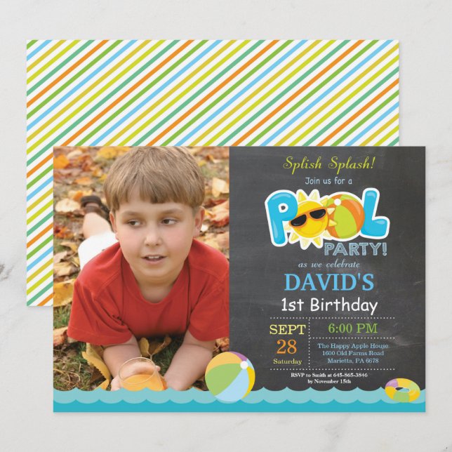 Pool Party Birthday Invitation Splish Splash Boy (Front/Back)