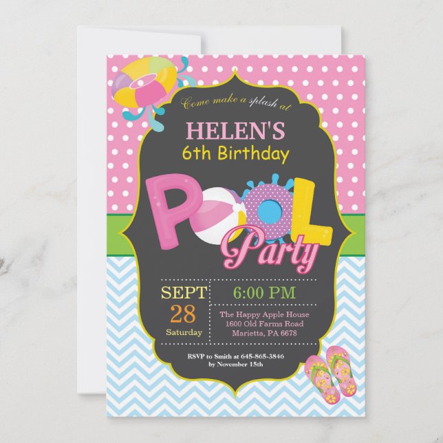 Pool Party Birthday Invitation Splish Splash Girl (Front)