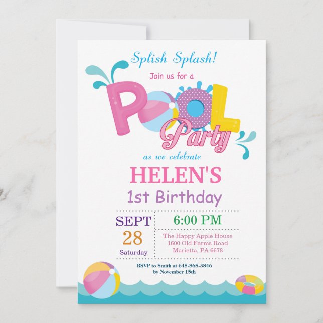 Pool Party Birthday Invitation Splish Splash Girl (Front)