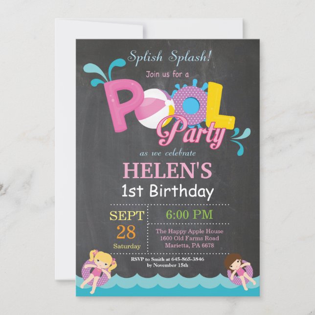 Pool Party Birthday Invitation Splish Splash Girl (Front)