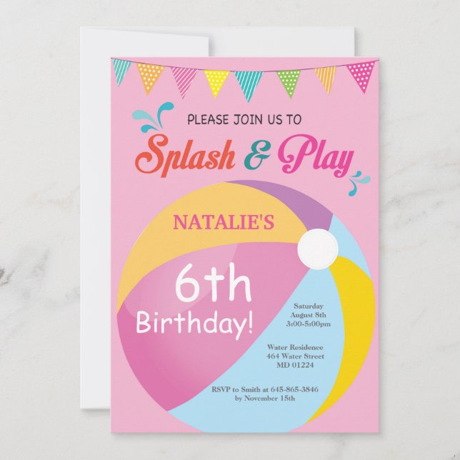 Pool Party Birthday Invitation Splish Splash Girl (Front)