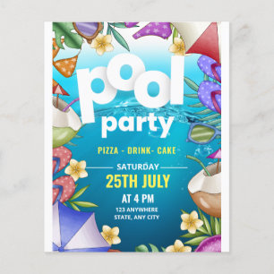 Pool Party Birthday Invitation, Summer party  Flyer